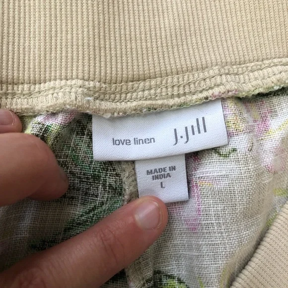 J Jill 100% Linen Pants Size L Flax Orchid Floral Tan Green Wide Leg Crop - Picture 5 of 12